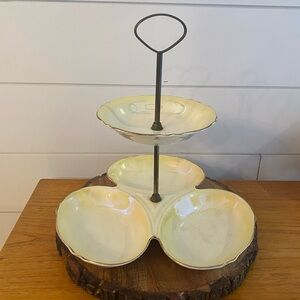 Antique Grandmacore Iridescent Ceramic Gold Rimmed 2 Tier Cake Stand Tea Party